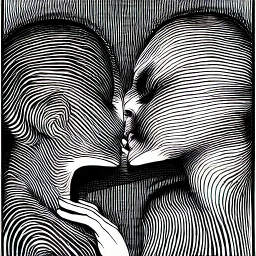 Prompt: two women kissing each other by h. r. giger and junji ito, op art with big bold patterns