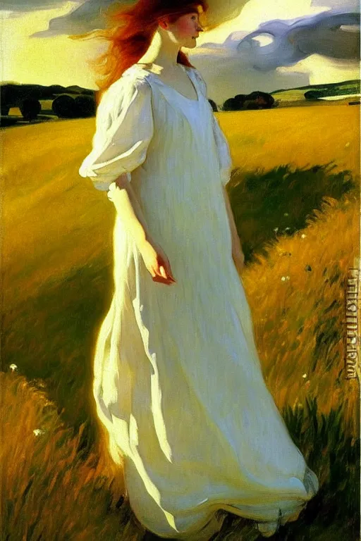 Image similar to young slender woman with long auburn hair wearing a white dress walking through a meadow at dusk, dramatic clouds in sky, wide angle, painting by Joaquín Sorolla, oil on canvas, detailed brushwork, painterly