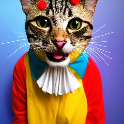 Prompt: cat dressed as clown