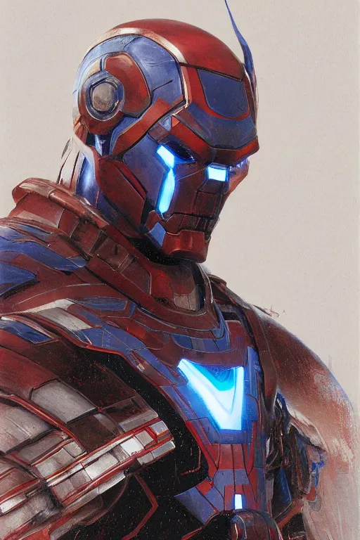 Image similar to Portrait of Willem Dafoe as Iron Patriot without helmet, marvel comics, dark, intricate, highly detailed, smooth, artstation, digital illustration by Ruan Jia and Mandy Jurgens and Artgerm and Wayne Barlowe and Greg Rutkowski and Zdislav Beksinski