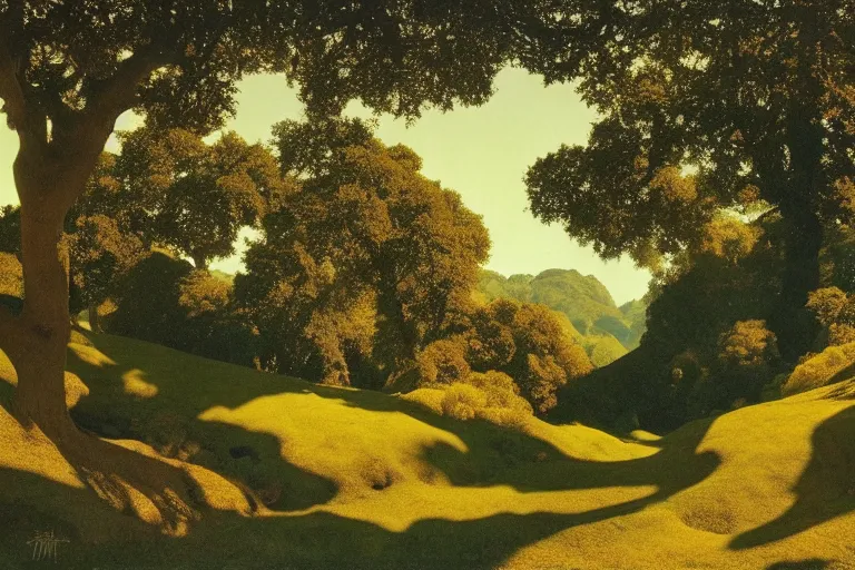 Prompt: masterpiece painting of oak trees on a hillside overlooking a creek, dramatic lighting, by maxfield parrish