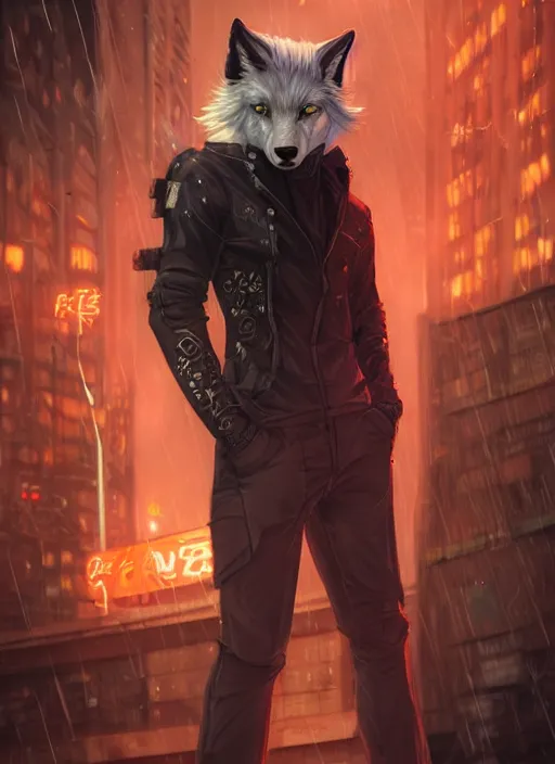 Image similar to award winning beautiful portrait commission of a male furry anthro albino wolf fursona with a tail and a cute beautiful attractive detailed furry face wearing stylish black and orange cyberpunk biker clothes in a cyberpunk city at night while it rains. Character design by charlie bowater, ross tran, artgerm, and makoto shinkai, detailed, inked, western comic book art