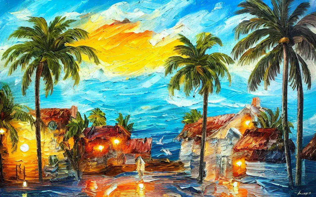 Image similar to in a sea is a tiny island with a cute cozy cottage with a terrace, a paved garden courtyard with benches and a fountain, palm trees, sunset, puffy clouds, dramatic and dynamic lighting, thick brush strokes oil impasto painting