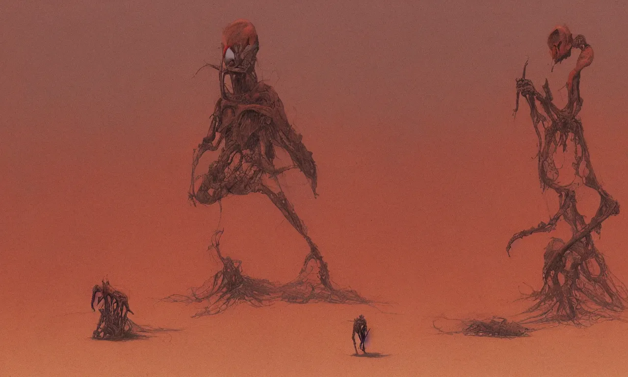 Image similar to the alien devil desert in the style of beksinski and moebius