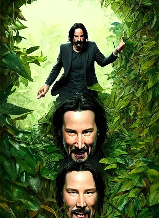 Prompt: highly detailed comedy caper movie poster with silly wacky zany keanu reeves hiding in leaves, keanu reeves face inside a leafy bush by greg rutkowski, masterpiece, really funny, 1 0 / 1 0 comedy