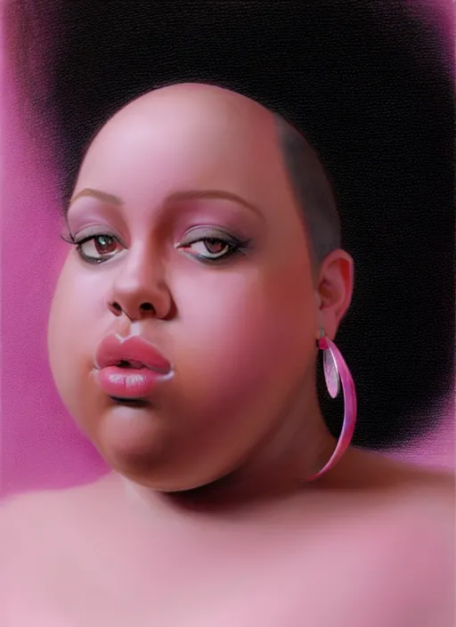 Image similar to full body portrait, teenage vanessa morgan, pink hair, obese, black girl, curly pixie hair, sultry, realistic, short hair, hoop earrings, skirt, shirt, fat, belly, intricate, elegant, highly detailed, digital painting, artstation, concept art, smooth, sharp focus, illustration, art by wlop, mars ravelo and greg rutkowski