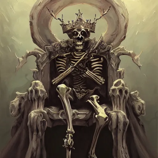 Prompt: Skeleton King, noble, resting on his throne, oil painting, by Fernanda Suarez and Greg Rutkowski