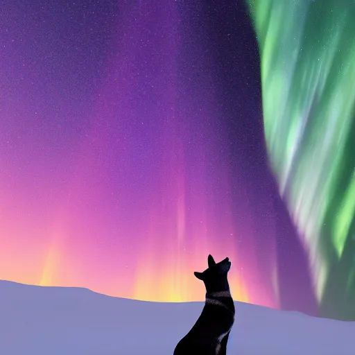 Image similar to shiba inu howling on top of a cliff. colorful northern lights in the background. digital painting, award winning, high detail, photorealistic, high quality, 4 k, cinematic lighting