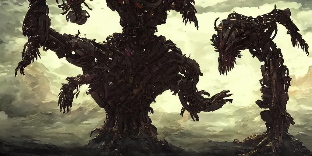 Image similar to sci - fi anime exoskeleton creature fighting the ancient tree god on a vast desert island, cinematic, high fantasy, maximalist, epic