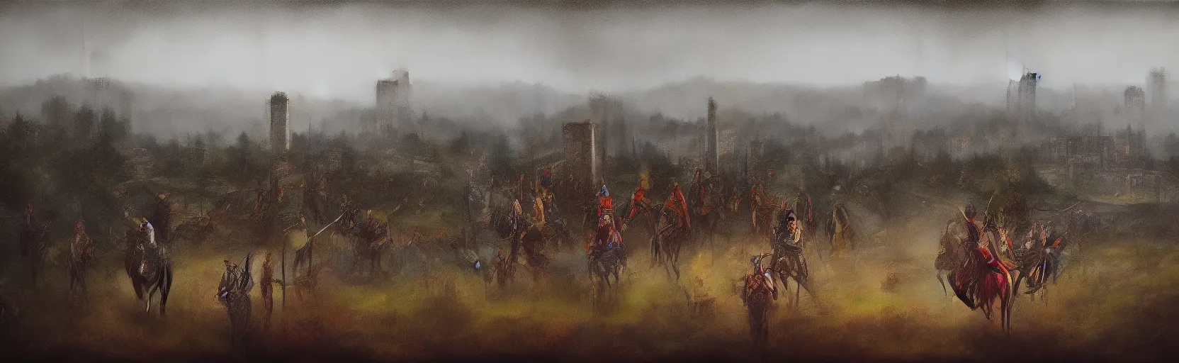 Image similar to horseback knights at scenic overlook; cloudy, grey skies, walled fort city deteriorating office buildings in background on hill; forest; la Bastille, post apocalyptic, grungy; oil on canvas, colorful, artstation