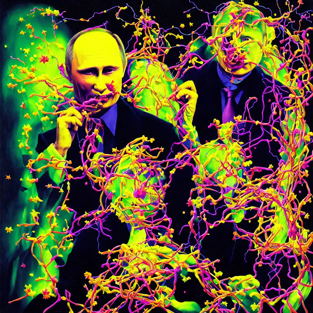 Prompt: portrait of vladimir putin eating of the Strangling network of colorful yellowcake and aerochrome and milky Fruit and His evil Hands hold gossamer polyp blossoms that bring iridescent fungal flowers whose spores black the foolish stars by Jacek Yerka, Mariusz Lewandowski, Houdini algorithmic generative render, Abstract brush strokes, Masterpiece, Edward Hopper and James Gilleard, Zdzislaw Beksinski, Wolfgang Lettl, Yayoi Kasuma, octane render, 8k