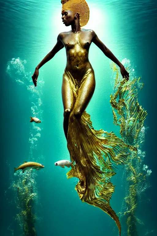 Image similar to hyperrealistic precisionist cinematic half underwater scene with fish and algae, very expressive! translucent elegant african goddess emerging from water, full body, gold jewerly, highly detailed face, digital art masterpiece, aykut aydogdu zener, dramatic volumetric light, long shot, low angle uhd 8 k, sharp focus