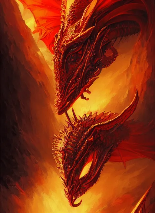 Prompt: highly detailed portrait of knight's helmet reflecting red dragon reflection detailed, 8 k blocking flames fire, green eyes, fantasy art by by simon bisley, loish, rhads, ferdinand knab, and lois van baarle, ilya kuvshinov, rossdraws, tom bagshaw, global illumination, radiant light, detailed and intricate environment