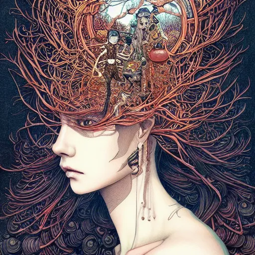 Image similar to beautiful portrait painted in jacek yerka and aykut aydogdu leslie zhang style drawn by vania zouravliov and takato yamamoto, inspired by cyberpunk, intricate acrylic gouache painting, high detail, sharp high detail, artstation, manga and anime