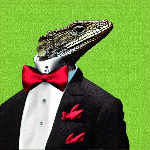 Prompt: a lizard in a tuxedo, digital art