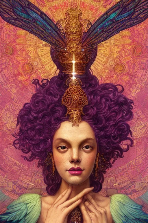 Image similar to full body portrait of an eleven queen with lace wings by artgerm, mandala, rococo, vivid color, complementary color, golden ratio, detailed, sharp lines, sharp focus, intricate, rainbowshift, by maxfield parrish, by peter mohrbacher, by gustave dore, by alphonse mucha, deviantart, octane render