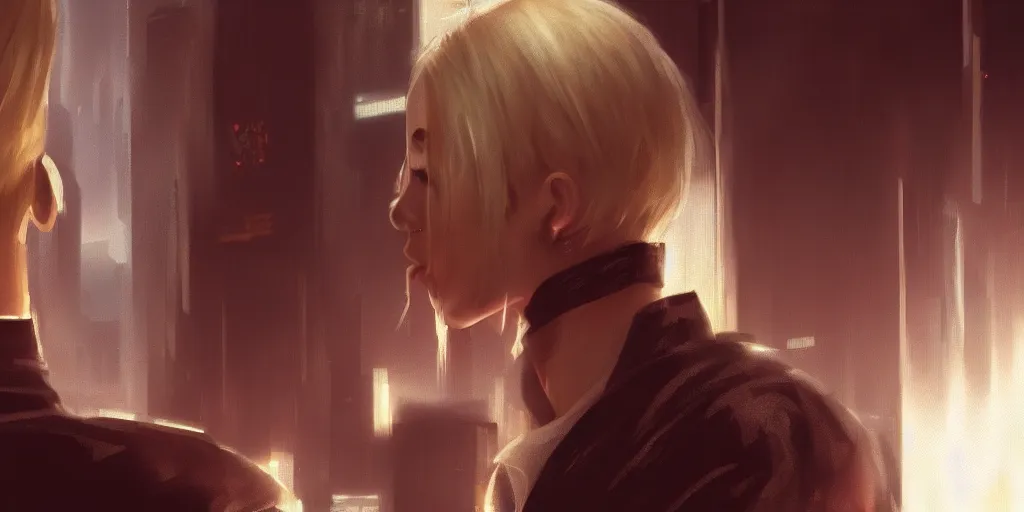 Image similar to closeup of An anonymous blonde guard seen from the back sitting in front of a cyberpunk dystopian desk with matrix falling text cyberpunk, artstation