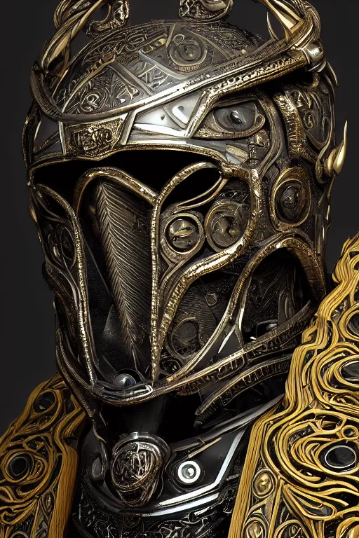 Image similar to hyper realistic glorious ancient celtic god in a obsidian metal armor, futuristic design, designed by makoto kobayashi and luca zampriolo, portrait, cyberpunk style, wood and gold details, intricate, extremely detailed, ornate, deep of field, hard surface, exoskeleton, substance designer metal