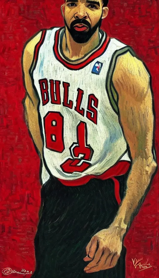 Prompt: drake wearing a chicago bulls jersey by vincent van gogh, brown skin, classical painting, digital painting, romantic, vivid color, oil painting