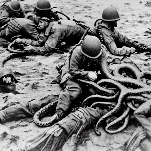 Prompt: photograph from world war 2, colorized photograph 1 9 4 3, american marines fighting a cthulhu monster with tentacles, historical photograph, grainy