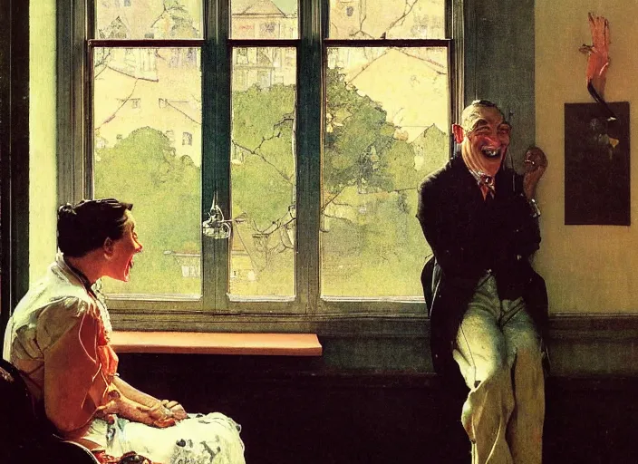 Image similar to a laughing man sitting by the window, a slim woman in the background, norman rockwell