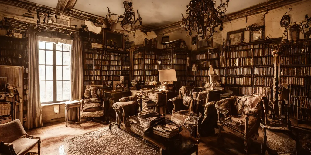 Prompt: insanely detailed wide angle photograph, atmospheric, dimly lit, shadows, old furniture, living room, night, creepy and horror, fabrics and textiles, brass, copper, secluded, few light sources, lamps, oiled hardwood floors, book shelf, library, couch, armchair, desk, balcony door, plants