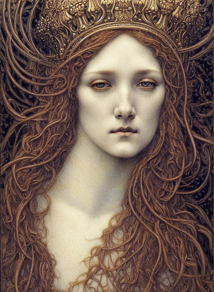 Image similar to detailed realistic beautiful young medieval queen face portrait by jean delville, gustave dore and marco mazzoni, art nouveau, symbolist, visionary, gothic, pre - raphaelite. horizontal symmetry