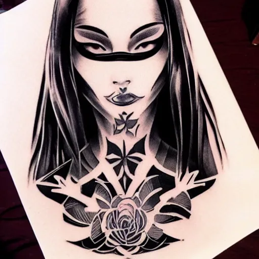 Image similar to tattoo design, stencil, beautiful young female, long dark hair, symmetrical facial features, Japanese, partially clothed in robe, by William-Adolphe Bouguerea and artgerm