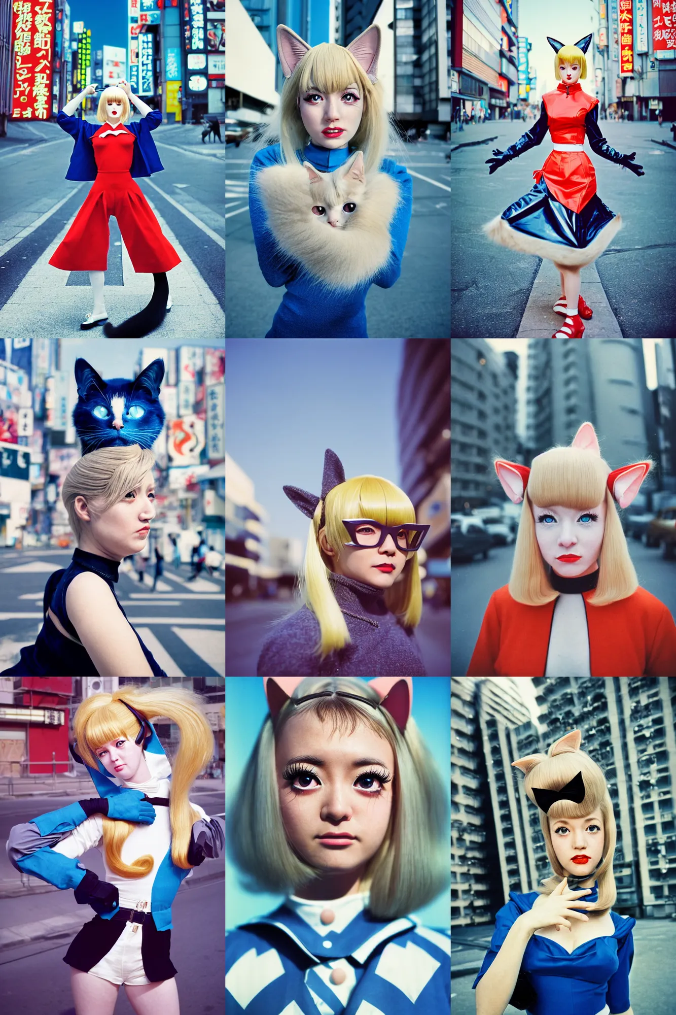Prompt: Kodak portra 400,8K,highly detailed: beautiful three point perspective extreme closeup dance portrait photo in style of 1960s frontiers in cosplay retrofuturism tokyo seinen manga street photography fashion edition, tilt shift zaha hadid style tokyo background, highly detailed, focus on cat ears;blonde hair;blue eyes, clear eyes, soft lighting