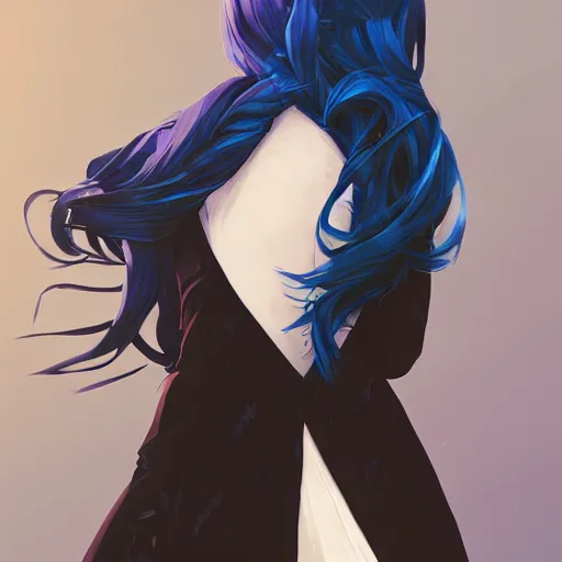 Image similar to low - angle shot from behind of a long blue - haired girl in a tailcoat overlooking noxus, noir, screenshot, sharp focus, intricate, illustration, cell shaded, digital painting, highly detailed, straight hair, art by ilya kuvshinov, wlop, greg rutkowski, studio quality, james jean