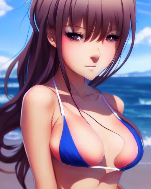 Image similar to character concept art of an pretty anime girl in bikini | | cute - fine - face, pretty face, realistic shaded perfect face, fine details by stanley artgerm lau, wlop, rossdraws, james jean, andrei riabovitchev, marc simonetti, and sakimichan, trending on artstation
