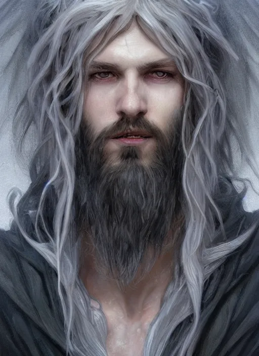 Image similar to Portrait of warlock angel, white glowing eyes, silver shaggy hair, short scruffy beard, cloak, ethereal wings, male, fantasy, extremely detailed, digital painting, artstation, concept art, smooth, sharp focus, illustration, stunning lighting, art by artgerm and greg rutkowski and alphonse mucha and simon stalenhag, realistic character concept, high fantasy, light atmosphere, golden ratio, cinematic lighting, hyperdetailed, high resolution, insanely detailed and intricate, artstation, Marc Simonetti, Greg Rutkowski, 8k