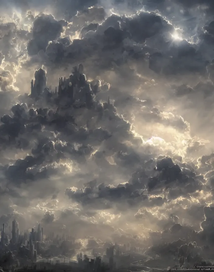 Image similar to Gates of heaven in the clouds, concept art, ultra realistic, super detailed, photorealistic, cinematographic, epic lighting, religious