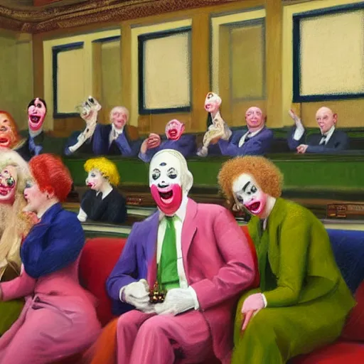 Prompt: a highly detailed beautiful portrait close up hyper realistic photograph of british members of parliament in the house of commons wearing pastel coloured clown costumes with pleasant oversized joyful faces, they are smoking. without visible brushstrokes but in the style of edward hopper, richard hamilton. concept art. green leather benches. photographic. concept. crisp. no artefacts. desaturated. high fidelity facial portrait. 8 k