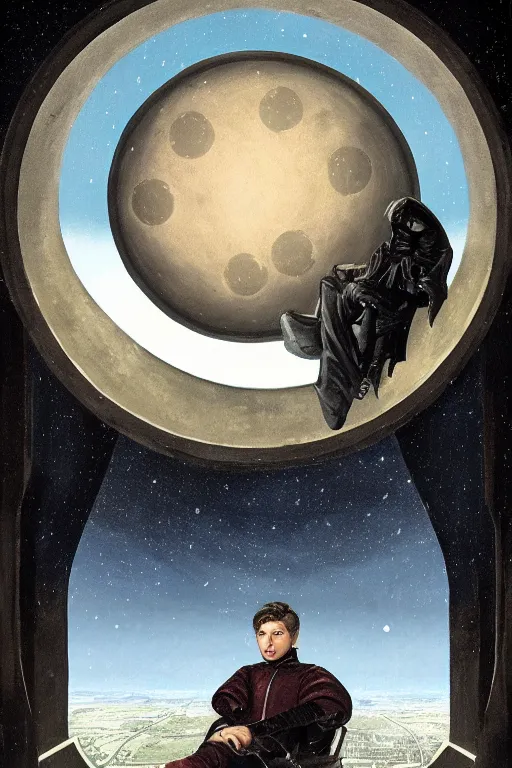 Prompt: a realistic detail portrait of A handsome young male nobleman, leaned against a large domed window, the moon cast on the man, the man looked up, The middle ages, The window reflected the starry sky, shining star, raining, goth, wide-angle lens, by Wolp, Sparth, Mark Brooks, Brad Kunkle, Vincent di fate, Paul-chadeisson, Dylan Cole, Jin Kim,Denis Villeneuve, Ben Nicholas, Anton Fadeev, thomas kinkade, rutkowski, Finnian MacManus, Syd Mead, Tsutomu Kitazawa, black and red scheme, 8k, Unreal Engine 5