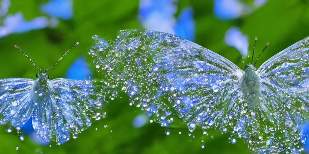 Prompt: hundreds of tiny white shimmering butterflies flying over beautiful lush green and blue ferns, droplets of water sparkling in the sun, serene, beautiful, close up