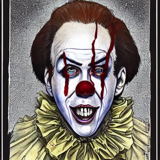 Image similar to Nicolas Cage as Pennywise from IT portrait painted in Frank frazzeta style drawn by Vania Zouravliov and Takato Yamamoto, inspired by Fables, intricate acrylic gouache painting, high detail, sharp high detail, manga and anime 2000