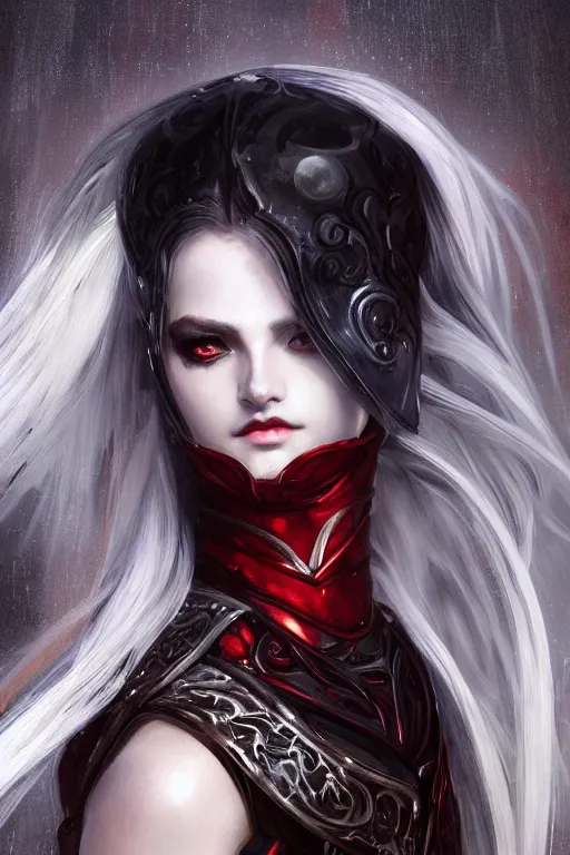 Prompt: portrait white hair sinister knights of Zodiac girl+smoky eyes, black fire red color reflected armor, in ruined Agora of Athens rainy night, ssci-fi and fantasy, intricate and very very beautiful and elegant, highly detailed, digital painting, artstation, concept art, smooth and sharp focus, illustration, art by tian zi and WLOP and alphonse mucha
