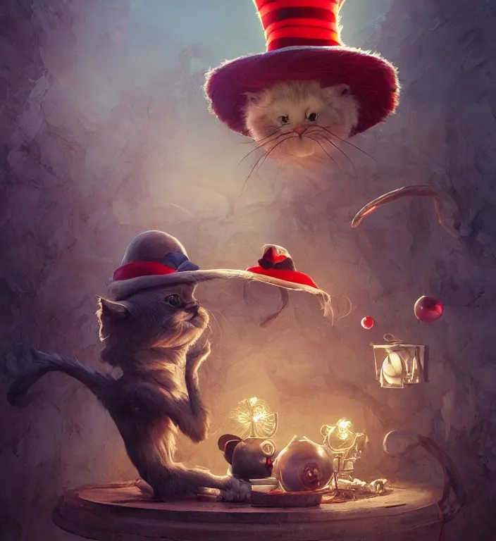 Image similar to complex 3 d render, hyper detailed, ultra sharp, of the cat in the hat, scary, cosmic horror, cinematic, natural soft light, rim light, art by greg rutkowski and artgerm and norman rockwell, dr seuss