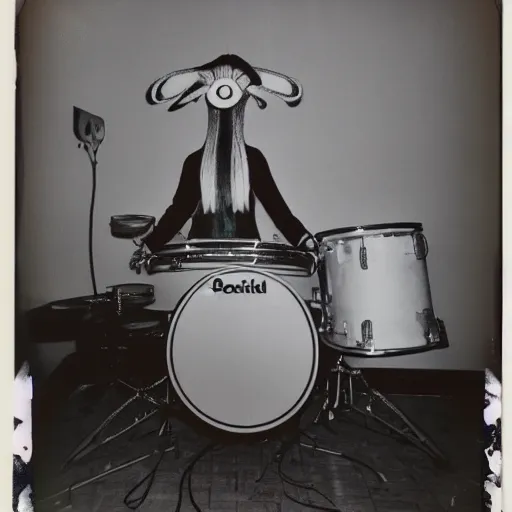 Prompt: 1 9 7 0 s polaroid of a squid playing a huge drumset
