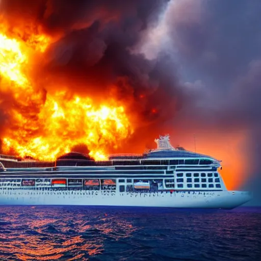 Prompt: cruise ship on fire in the middle of the ocean, with stormy clouds looming in background. scenic, far shot, gorgeous, 4 k