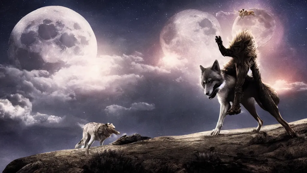 Image similar to epic cinematic shot of david bowie riding a wolf at night on a cliff with the moon in the background; artstation; deviantart; high quality trending