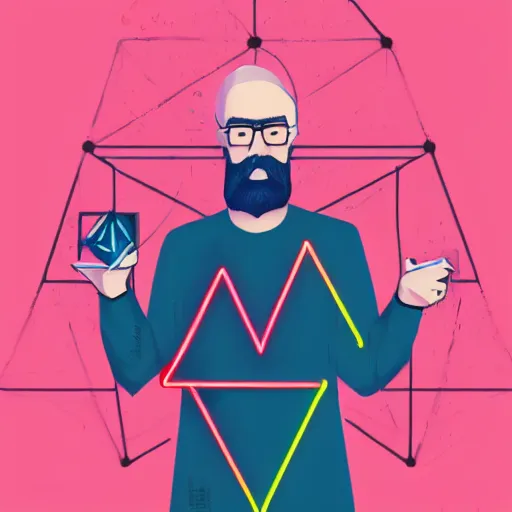 Image similar to Old mathematician with a beard holding a neon triangle in his hand , digital painting , digital art , artstation , devian art , HD , 4k