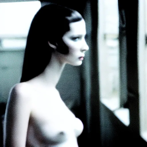 Prompt: runaway beautiful supermodel replicant looking out the window in a dirty abandoned factory, still from closed circuit tv footage, high angle