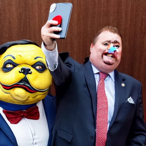 Image similar to a president with bulldog face and clown makeup taking a selfie in a podium next to an angry first minister