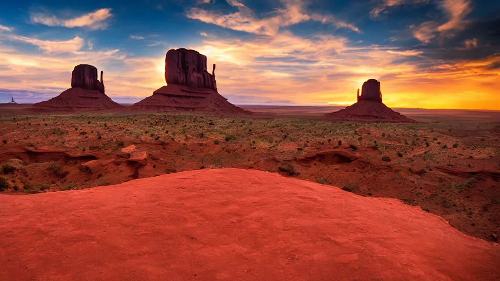 Prompt: an immense mountain dew logo painted on the side of monument valley rock formations, dramatic clouds, golden hour, sharp focus, cinematic, moody, imax