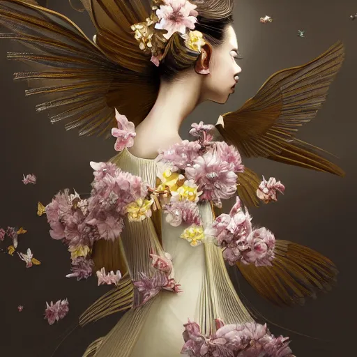 Image similar to 3 / 4 view of a beautiful girl wearing an origami dress, eye - level medium shot, fine floral ornaments in cloth and hair, hummingbirds, elegant, by eiko ishioka, givenchy, by ruan jia, by peter mohrbacher, centered, fresh colors, origami, fashion, detailed illustration, vogue, japanese, reallusion character creator