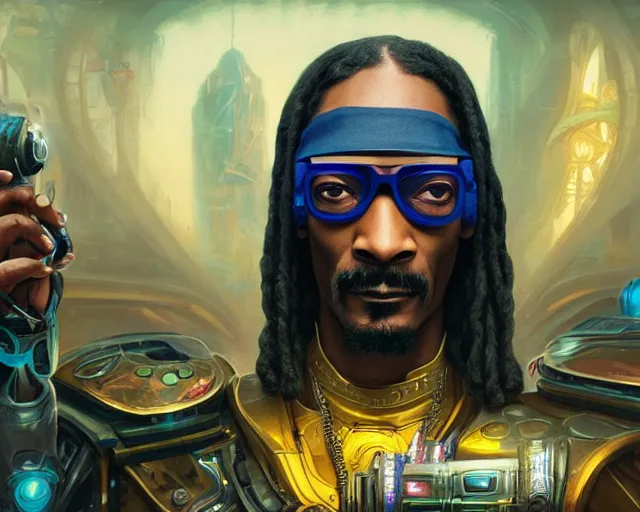 Image similar to man snoop dogg with cyberpunk implants, deep focus, d & d, fantasy, intricate, elegant, highly detailed, digital painting, artstation, concept art, matte, sharp focus, illustration, hearthstone, art by artgerm and greg rutkowski and alphonse mucha