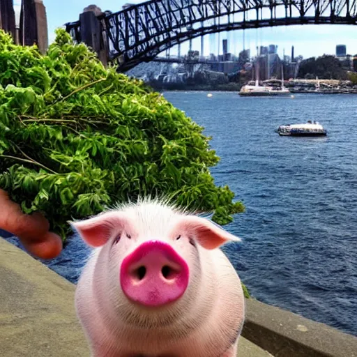 Prompt: a weedy pig eating berries looking at the Sydney Harbour Bridge from east circular quay