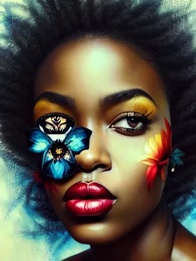 Prompt: portrait of a beautiful black woman with a floral background : : painted by artgerm, karol bak, artur bordalo, sandra chevrier : : portrait, character, illustration, hyperrealism, photorealism